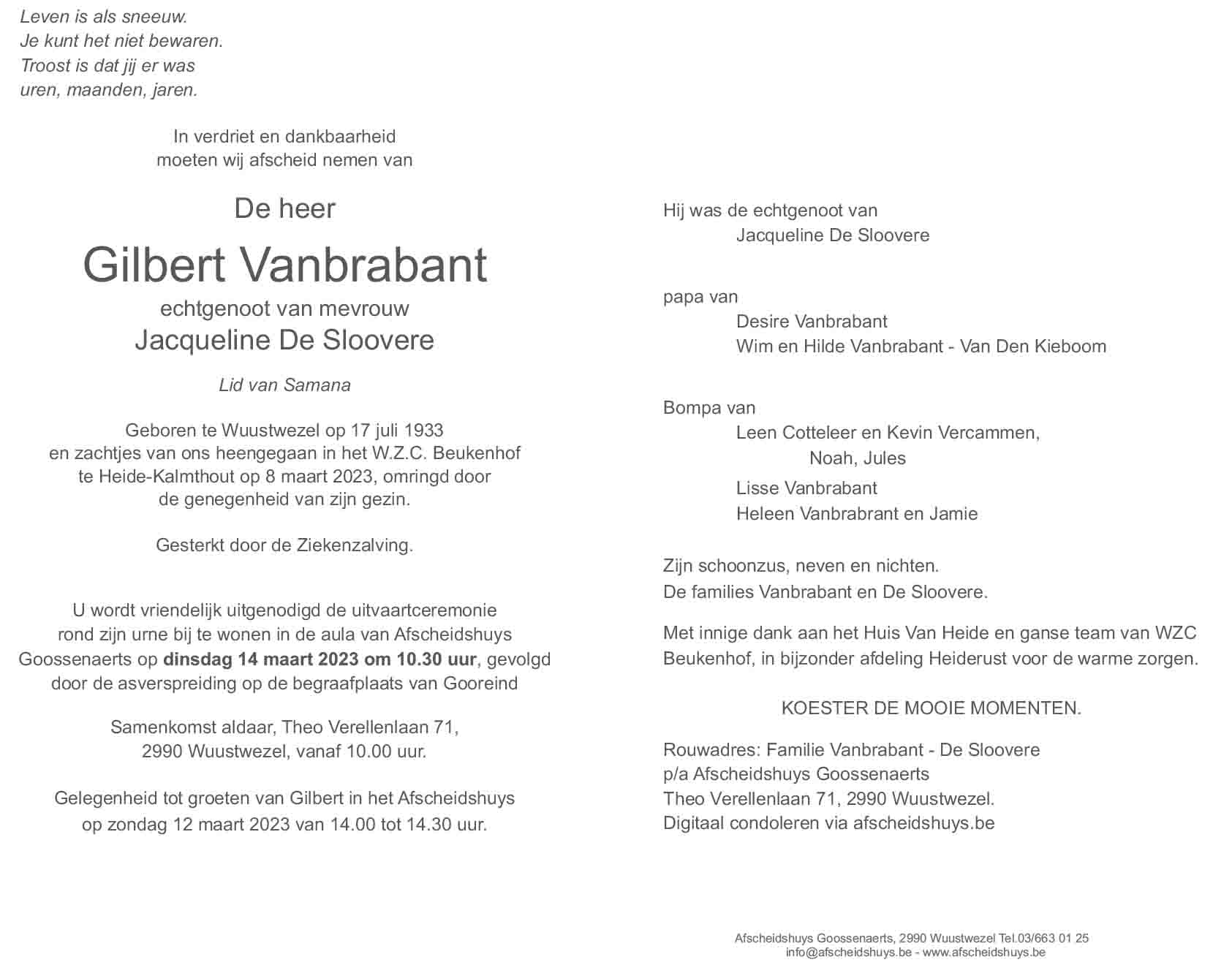 rouwkaart Gilbert Vanbrabant 1