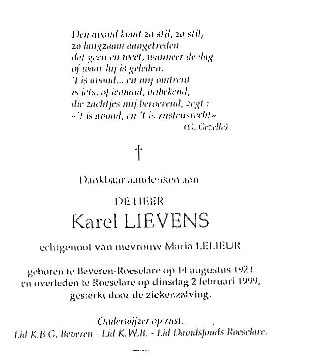 bidprent K Lievens klas 1941