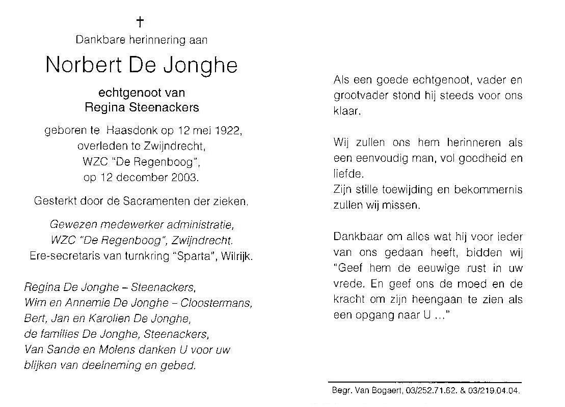 bidprent N De Jonghe klas 19541