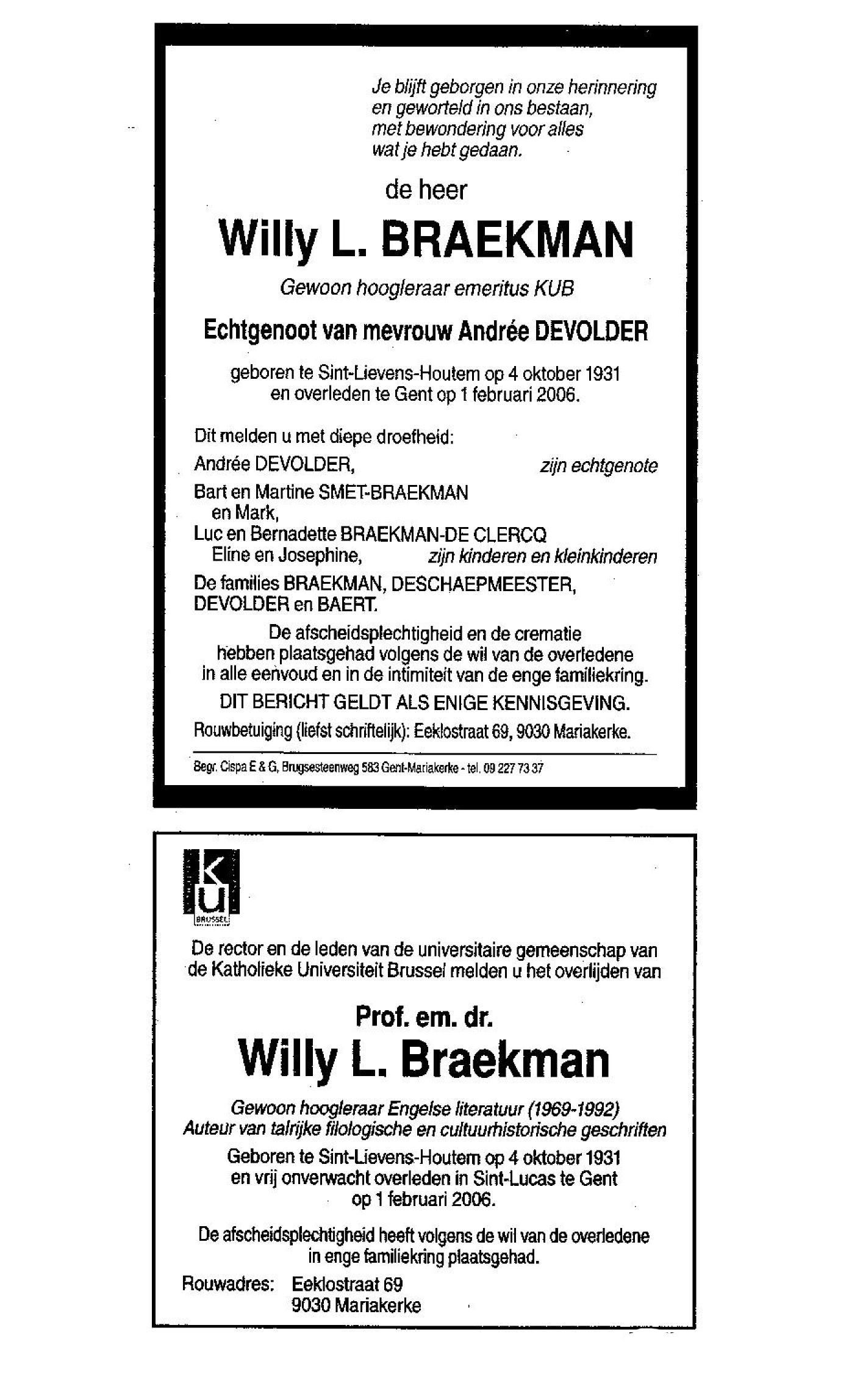 overlijdingsbericht w braeckman