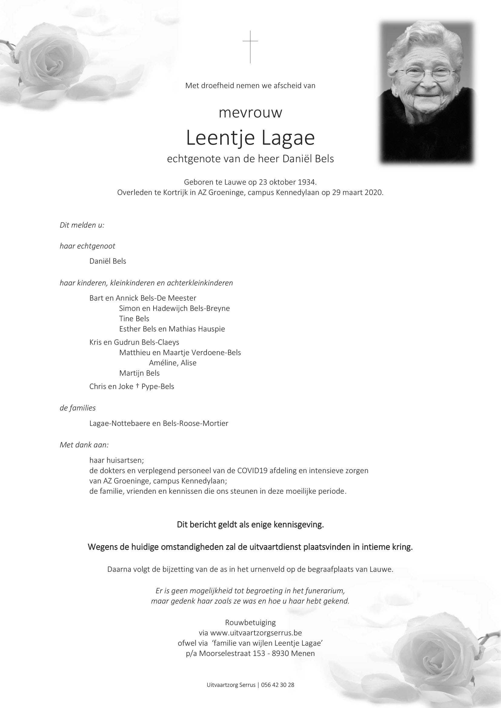 rouwbericht Leentje Lagae